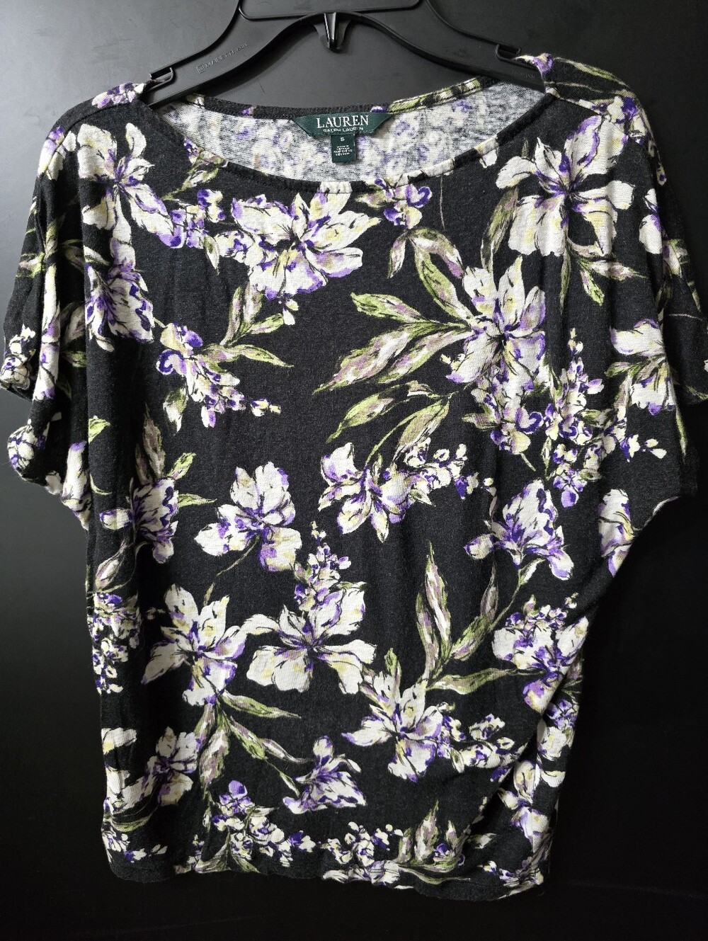 LAUREN Ralph Lauren Black Floral Short Sleeve Top - Purple & Cream Blooms